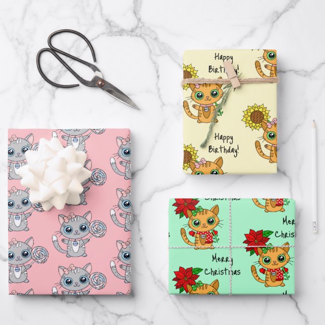 Cute Kittens holding Flower Birthday and Christmas Wrapping Paper Sheet (Front)