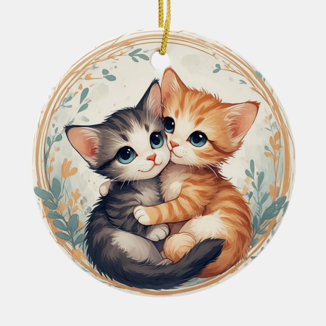 Cute Kittens Hugging Together Ceramic Ornament (Front)
