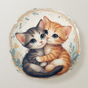 Cute Kittens Hugging Together Round Pillow