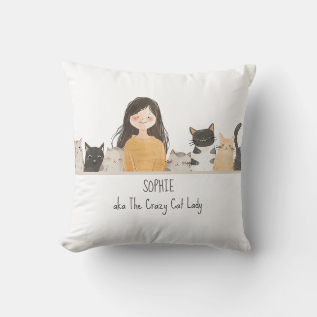 Cute Kittens Illustration Crazy Cat Lady with Name Throw Pillow (Front)