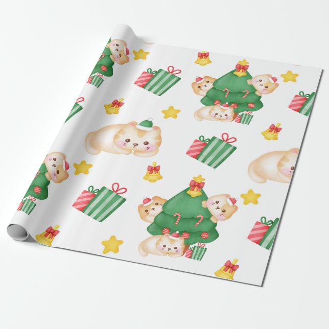 Cute Kittens in Christmas Tree  Wrapping Paper (Unrolled)