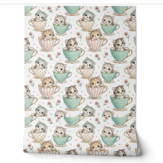 Cute Kittens in Teacups - Kids Cat Design Pattern Wallpaper