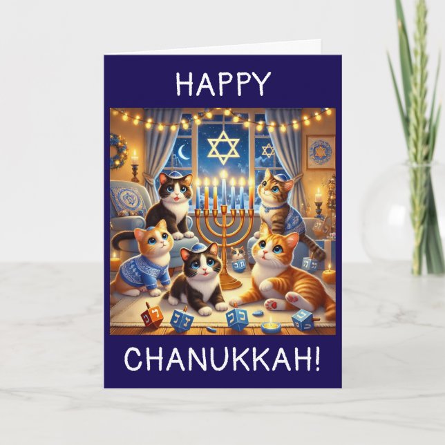 Cute kittens playing dreidels Chanukah card (Front)