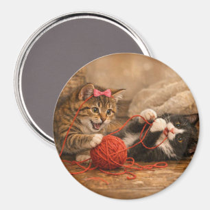 Cute Kittens Playing with Yarn Round Magnet