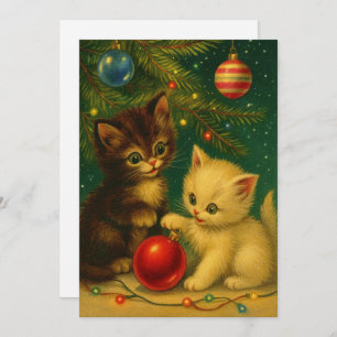 Cute Kittens Under Christmas Tree Retro Holiday Card