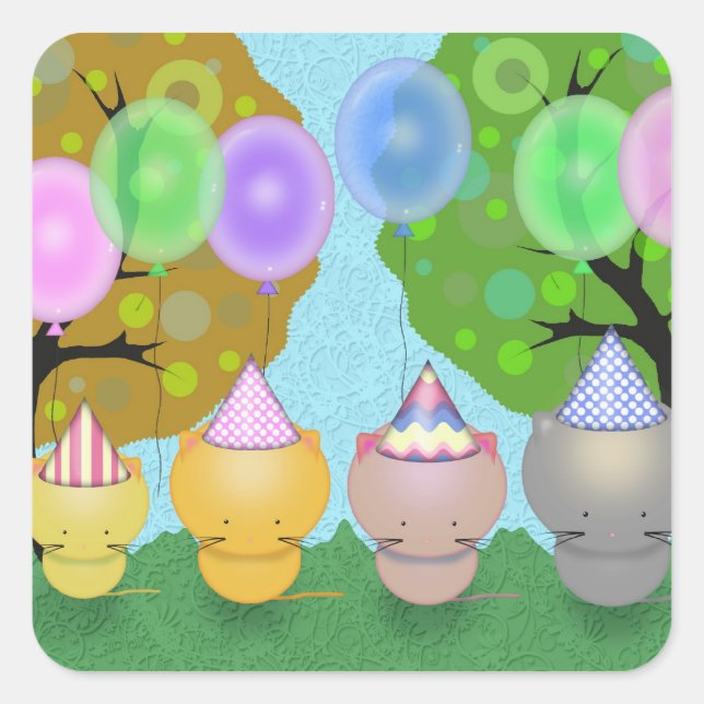 Cute Kittens with Balloons Birthday Stickers (Front)