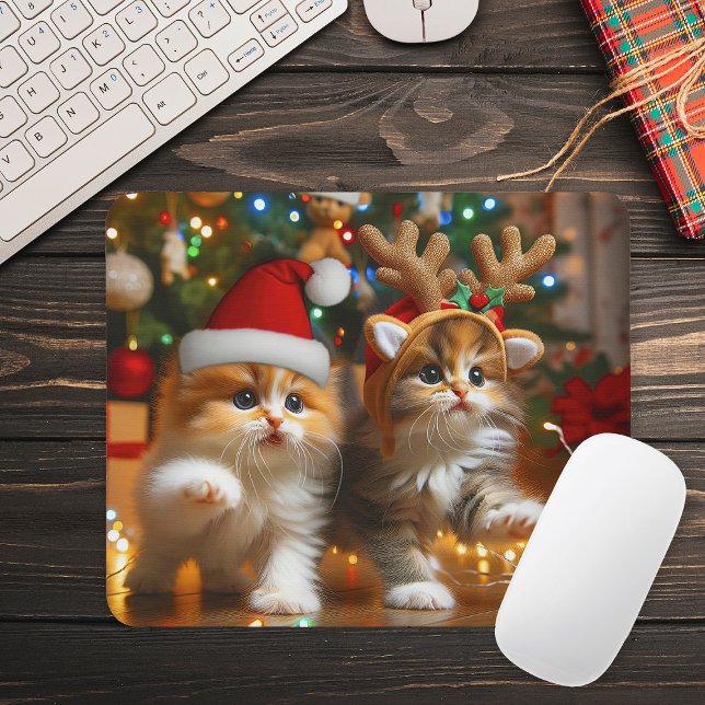 Cute kittens with Santa Claus and reindeer hats 1 Mouse Pad (Creator Uploaded)