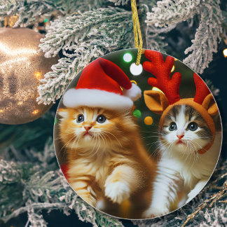 Cute kittens with Santa Claus and reindeer hats Ceramic Ornament