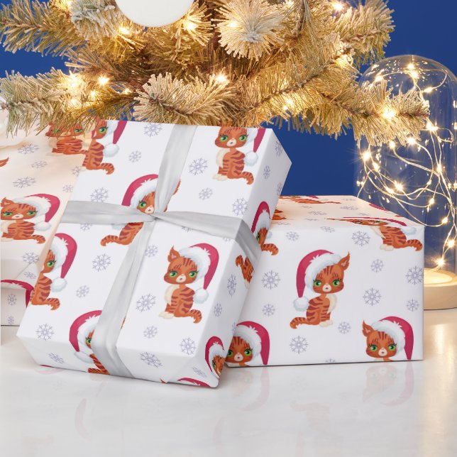 Cute Kittens With Santa Hat Snowflake Christmas Wr Wrapping Paper (Holidays)