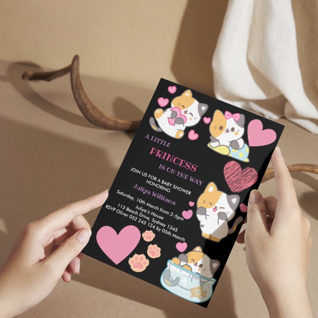 Cute kitty baby shower noir et rose invitation (Créateur téléchargé)