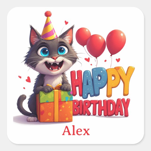 Cute Kitty Birthday Party Celebration 🥳 Square Sticker (Front)