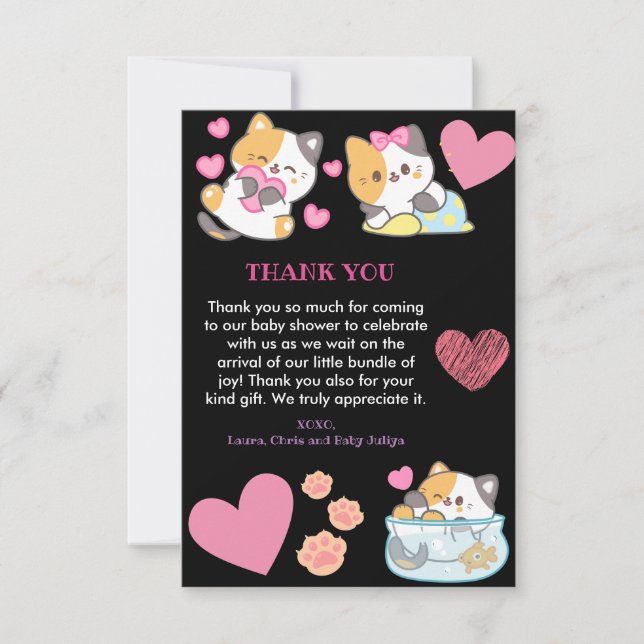 Cute kitty black and pink  baby shower thank you card (Front)