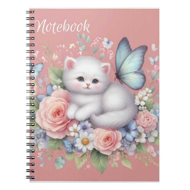 Cute Kitty Blanc, Papillons Et Carnet Fleurs (Devant)