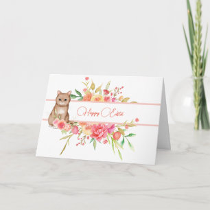 Cute Kitty Brown avec Fleurs roses Carte Pâques