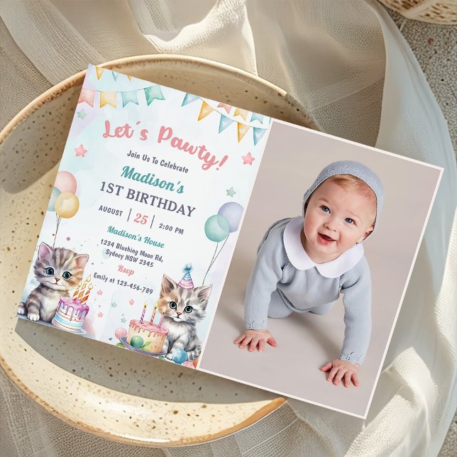 Cute Kitty Cat 1st Birthday Party Photo  Invitation (Creator Uploaded)