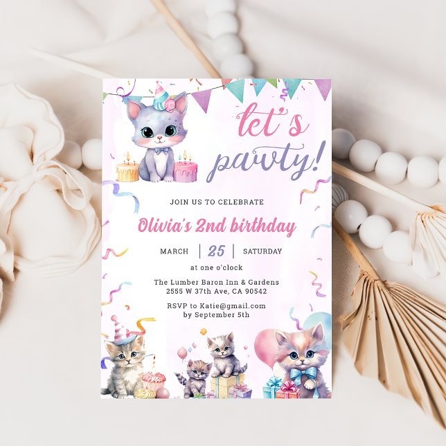 Cute Kitty Cat 2nd Birthday Party  Invitation (Creator Uploaded)