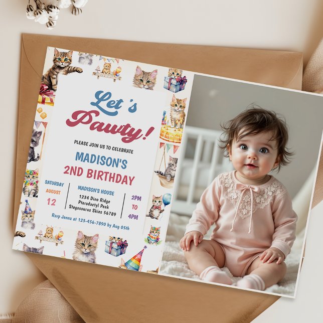 Cute Kitty Cat 2nd Birthday Party Photo  Invitation (Creator Uploaded)