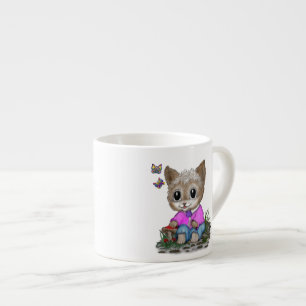 Cute Kitty Cat and Butterfly Espresso Cup