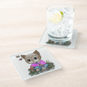 Cute Kitty Cat and Butterfly Glass Coaster