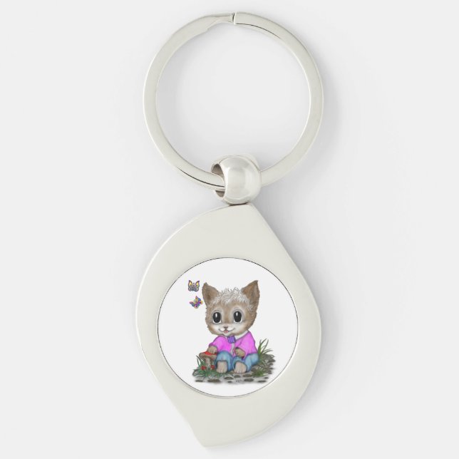 Cute Kitty Cat and Butterfly Keychain (Front)