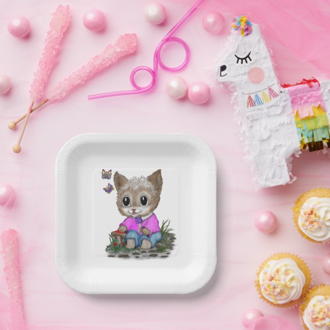 Cute Kitty Cat and Butterfly Paper Plate (Party)