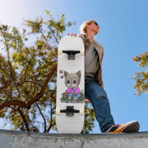 Cute Kitty Cat and Butterfly Skateboard