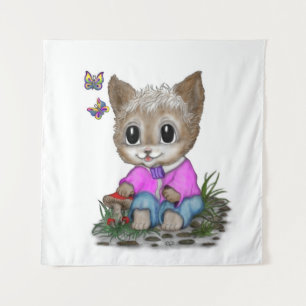 Cute Kitty Cat and Butterfly Tapestry