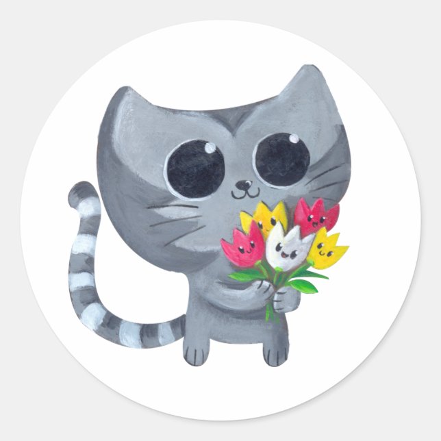 Cute Kitty Cat and flowers Classic Round Sticker (Front)