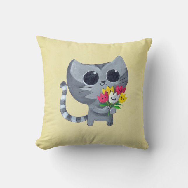 Cute Kitty Cat and flowers Throw Pillow (Front)