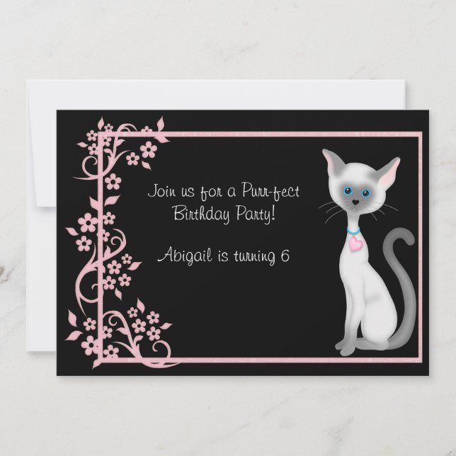 Cute Kitty Cat and Pink Flowers Birthday Invitation (Front)