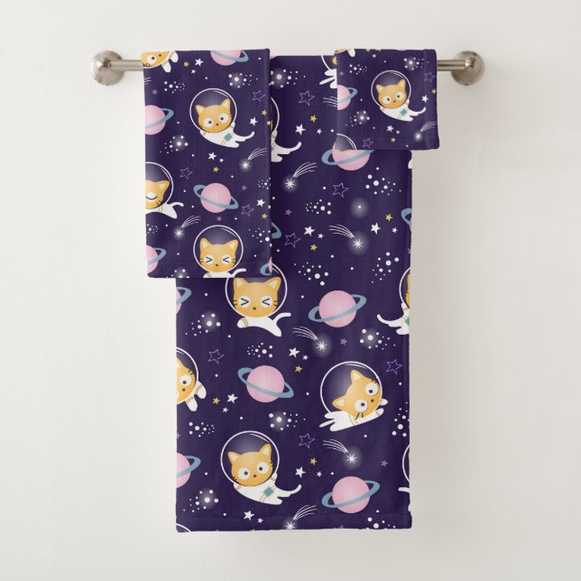 Cute Kitty Cat Astronauts Pattern Bath Towel Set (Insitu)