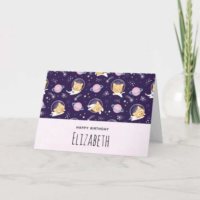 Cute Kitty Cat Astronauts Pattern Birthday Card (Front)