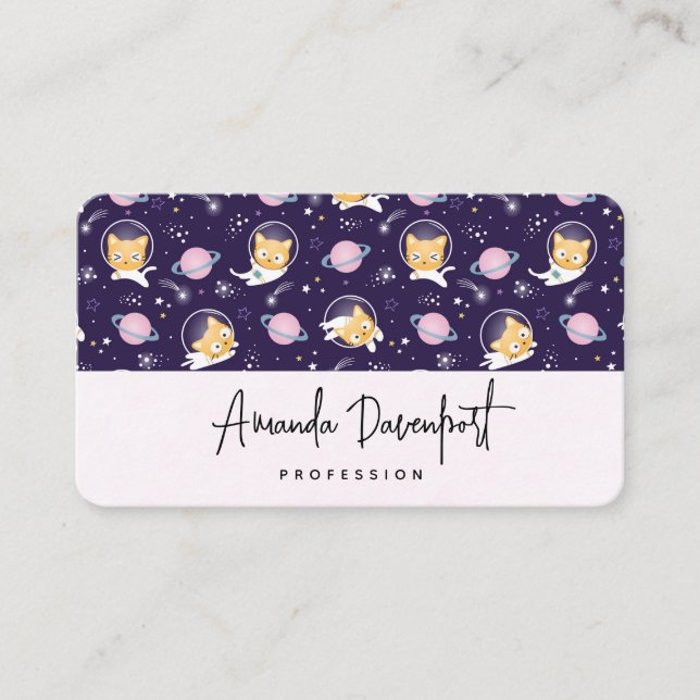 Cute Kitty Cat Astronauts Pattern Business Card (Front)