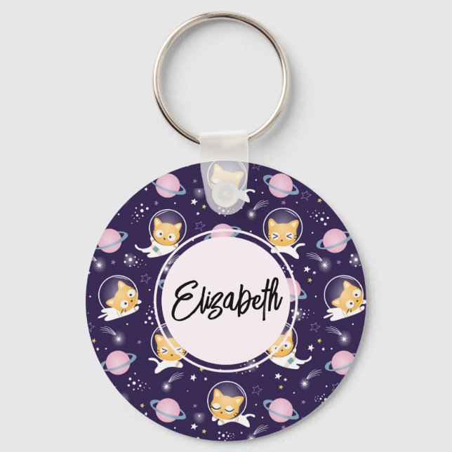 Cute Kitty Cat Astronauts Pattern Keychain (Front)