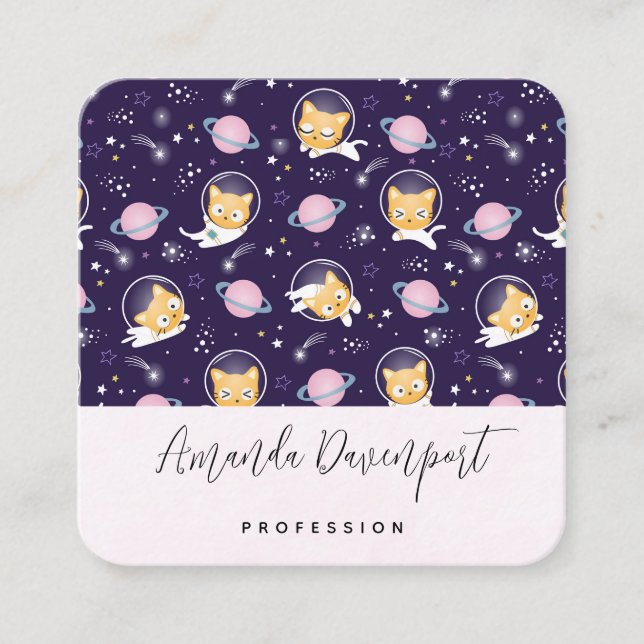 Cute Kitty Cat Astronauts Pattern Square Business Card (Front)