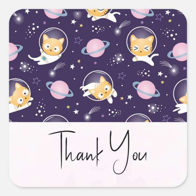 Cute Kitty Cat Astronauts Pattern Thank You Square Sticker (Front)