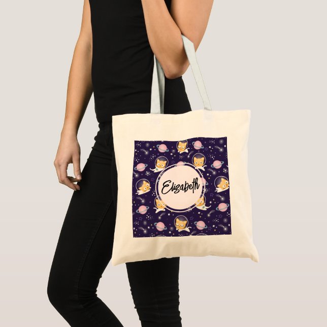 Cute Kitty Cat Astronauts Pattern Tote Bag (Front (Product))