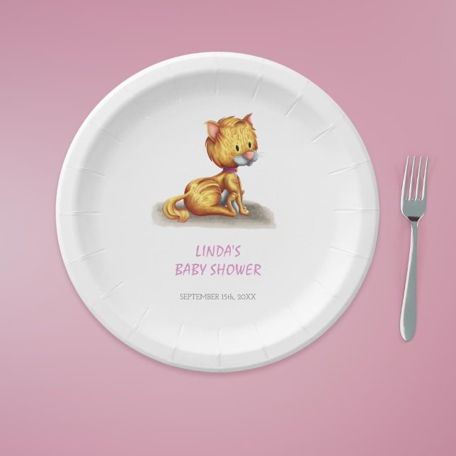 Cute Kitty Cat Baby Shower Paper Plate (Cute Girl Kitten Baby Shower paper plates)