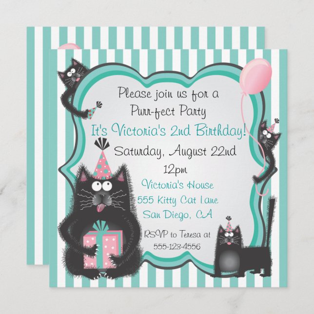Cute Kitty Cat Birthday Party Invitation (Front/Back)