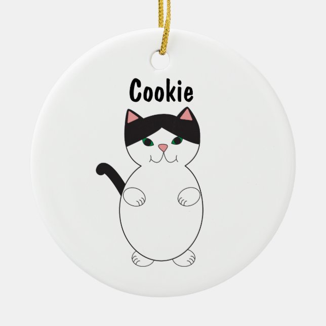 Cute Kitty Cat Black and White Personalize Ceramic Ornament (Front)