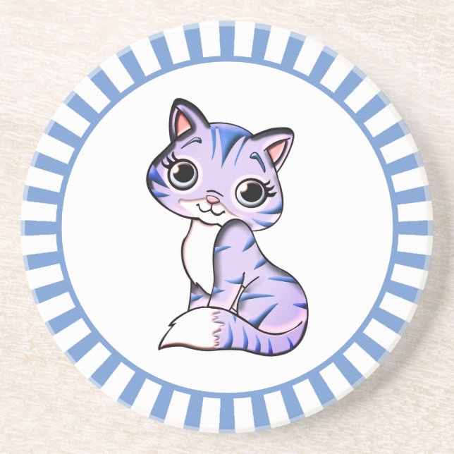 Cute kitty cat cartoon & blue rays coaster (Front)