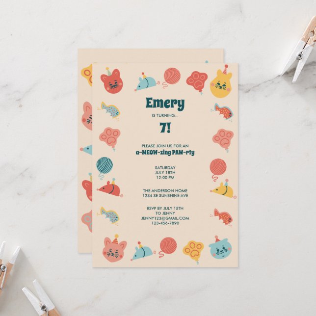 Cute Kitty Cat Children's Birthday Party Invitation (Front/Back In Situ)