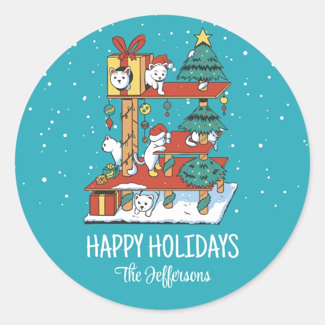 Cute Kitty Cat Christmas Tree Snowy Winter Holiday Classic Round Sticker (Front)