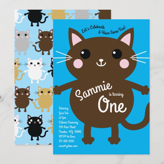Cute Kitty Cat Colourful 1st Birthday Invitations (Front/Back)