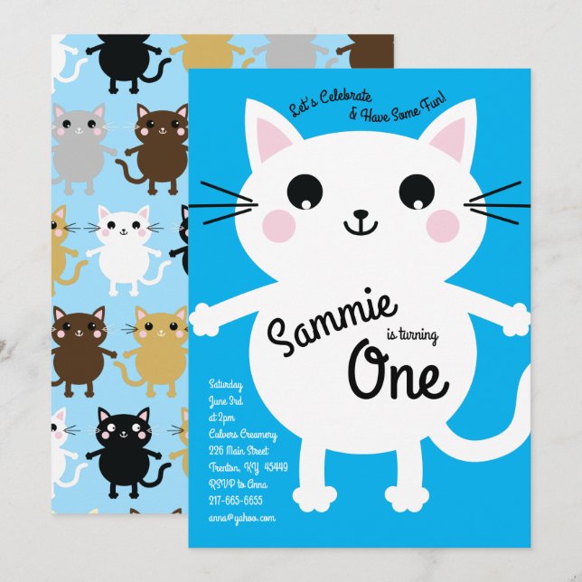 Cute Kitty Cat Colourful 1st Birthday Invitations (Front/Back)