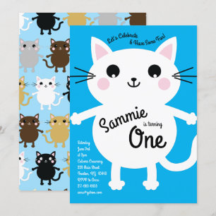 Cute Kitty Cat Colourful 1st Birthday Invitations