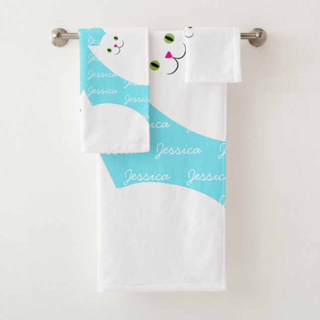 Cute Kitty Cat Custom Name Girls Bath Towel Set (Insitu)