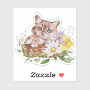 Cute Kitty Cat Daffodils Daisies Flowers