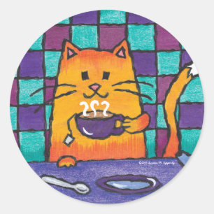 Cute Kitty Cat Drinking Tea "Kit-TEA Cat" Classic Round Sticker