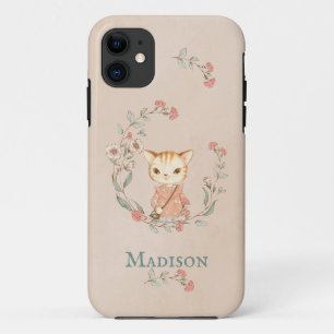 Cute Kitty Cat Floral Vintage Simple Monogram iPhone 11 Case
